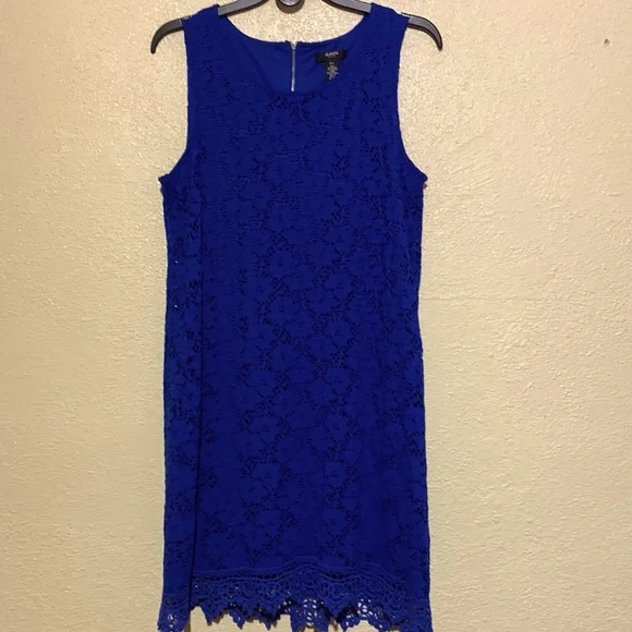 Alfani Dress Blue Lace Shell Sleeveless Size LP Back Zipper Stretchy Lace